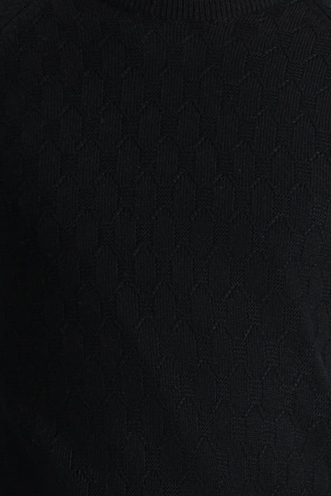 Siyah Bisiklet Yaka Regular Fit Desenli Triko Kazak