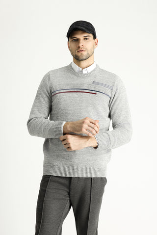  Açık Gri Melanj Bisiklet Yaka Regular Fit Desenli Triko Kazak