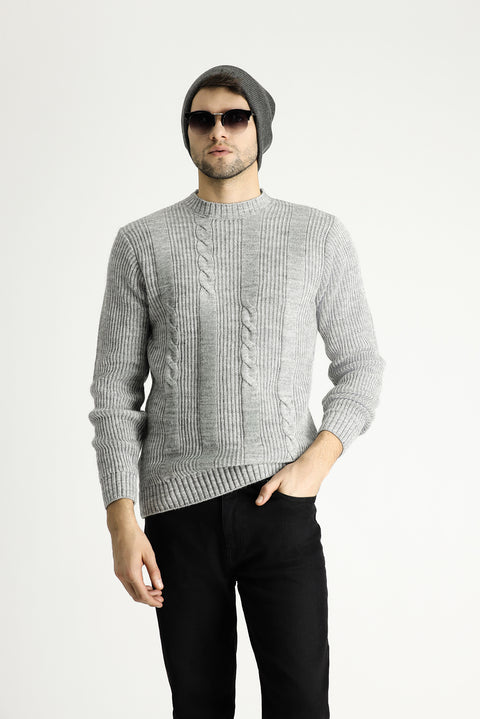Açık Gri Melanj Bisiklet Yaka Slim Fit Desenli Triko Kazak