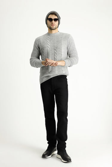  Açık Gri Melanj Bisiklet Yaka Slim Fit Dar Kesim Desenli Triko Kazak
