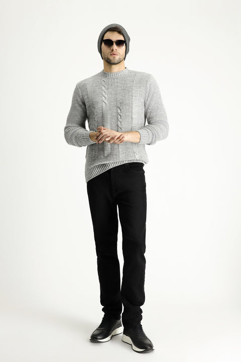 Açık Gri Melanj Bisiklet Yaka Slim Fit Desenli Triko Kazak
