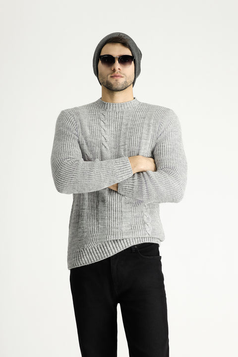 Açık Gri Melanj Bisiklet Yaka Slim Fit Desenli Triko Kazak
