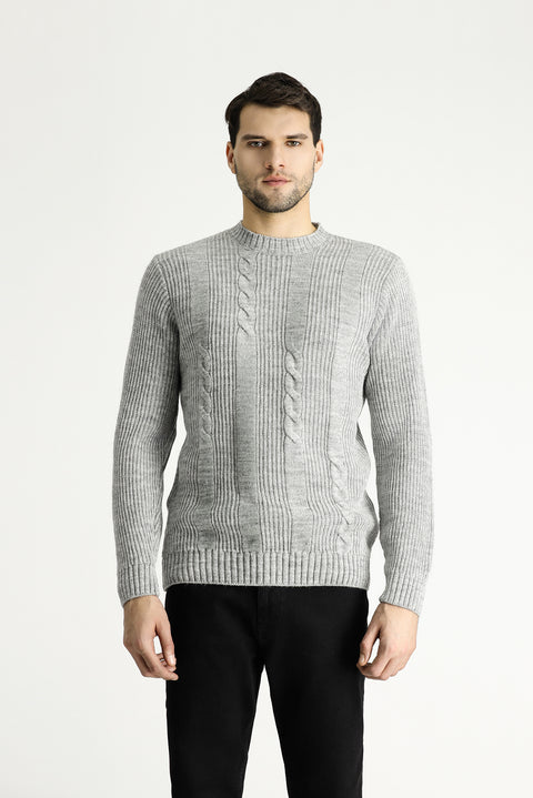 Açık Gri Melanj Bisiklet Yaka Slim Fit Desenli Triko Kazak