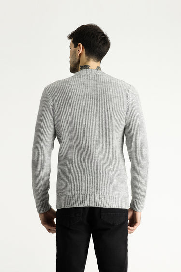 Açık Gri Melanj Bisiklet Yaka Slim Fit Dar Kesim Desenli Triko Kazak