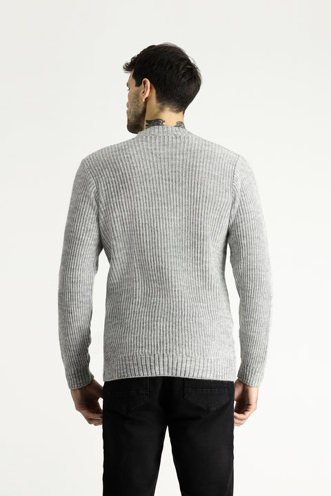 Açık Gri Melanj Bisiklet Yaka Slim Fit Desenli Triko Kazak