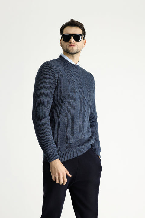 İndigo Bisiklet Yaka Slim Fit Desenli Triko Kazak