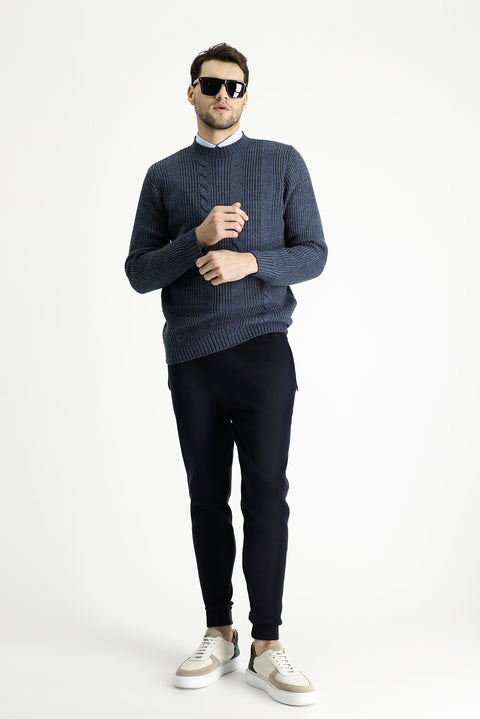 İndigo Bisiklet Yaka Slim Fit Desenli Triko Kazak