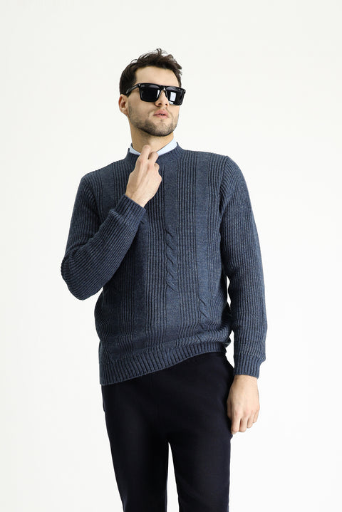 İndigo Bisiklet Yaka Slim Fit Desenli Triko Kazak