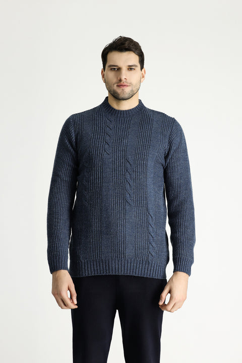 İndigo Bisiklet Yaka Slim Fit Desenli Triko Kazak
