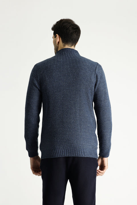 İndigo Bisiklet Yaka Slim Fit Desenli Triko Kazak