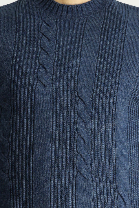 İndigo Bisiklet Yaka Slim Fit Desenli Triko Kazak