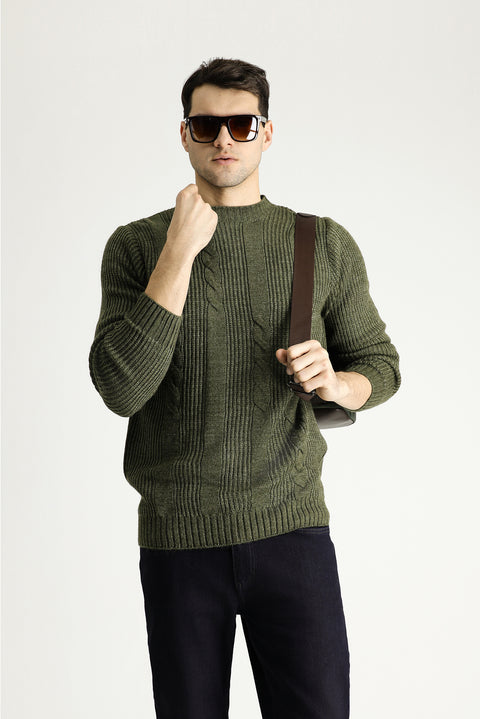 Açık Haki Bisiklet Yaka Slim Fit Desenli Triko Kazak