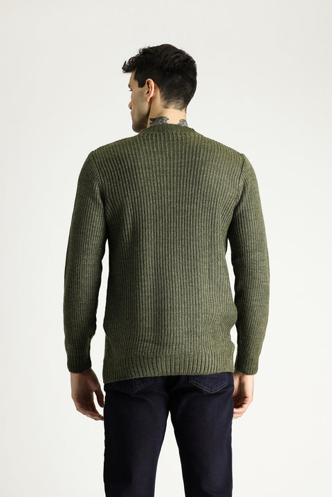 Açık Haki Bisiklet Yaka Slim Fit Desenli Triko Kazak