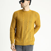 Hardal Bisiklet Yaka Slim Fit Dar Kesim Desenli Triko Kazak