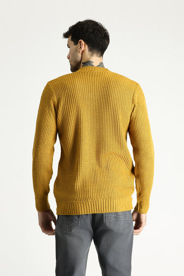 Hardal Bisiklet Yaka Slim Fit Dar Kesim Desenli Triko Kazak