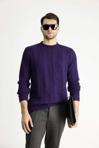 Mor Bisiklet Yaka Slim Fit Dar Kesim Desenli Triko Kazak