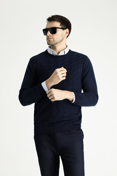  Koyu Lacivert Bisiklet Yaka Slim Fit Dar Kesim Desenli Triko Kazak