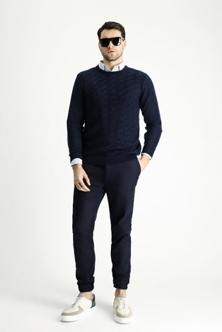  Koyu Lacivert Bisiklet Yaka Slim Fit Dar Kesim Desenli Triko Kazak