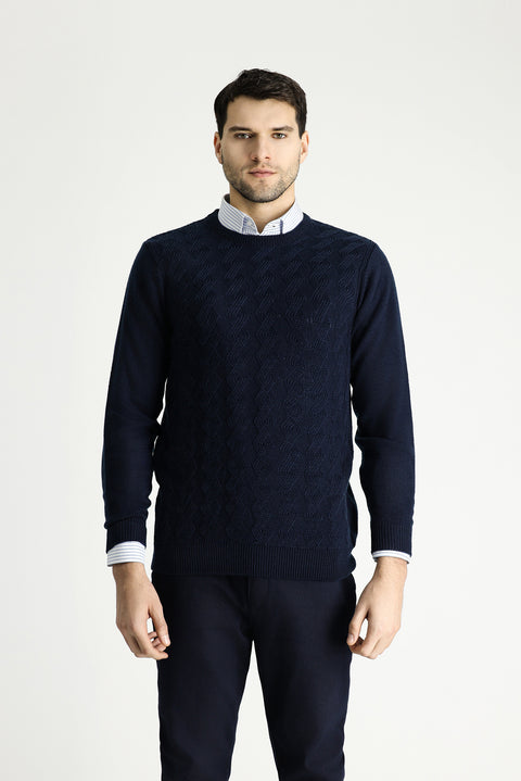 Dark Navy Crew Neck Slim Fit Narrow Cut Patterned Knit Sweater