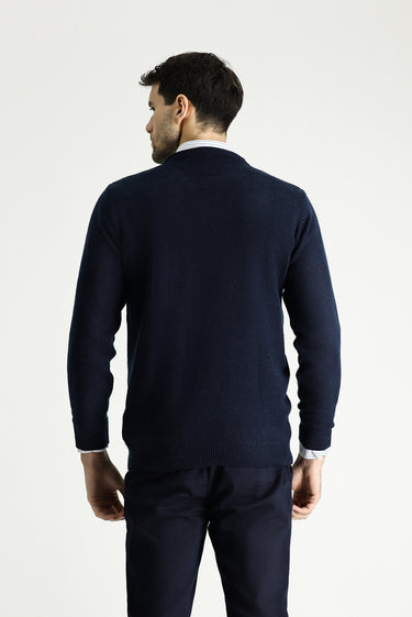 Koyu Lacivert Bisiklet Yaka Slim Fit Dar Kesim Desenli Triko Kazak