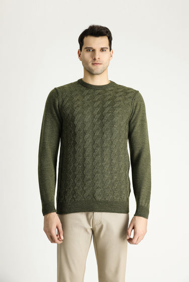 Orta Haki Bisiklet Yaka Slim Fit Dar Kesim Desenli Triko Kazak