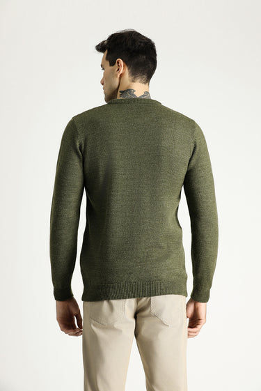 Orta Haki Bisiklet Yaka Slim Fit Dar Kesim Desenli Triko Kazak