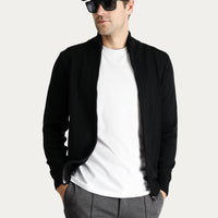 Black Stand-Up Collar Zip-Up Regular Fit Striped Knit Cardigan
