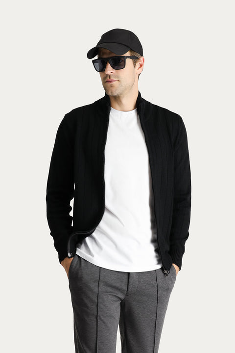 Black Stand-Up Collar Zip-Up Regular Fit Striped Knit Cardigan
