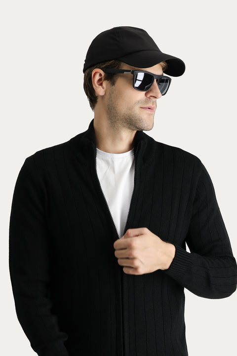 Black Stand-Up Collar Zip-Up Regular Fit Striped Knit Cardigan