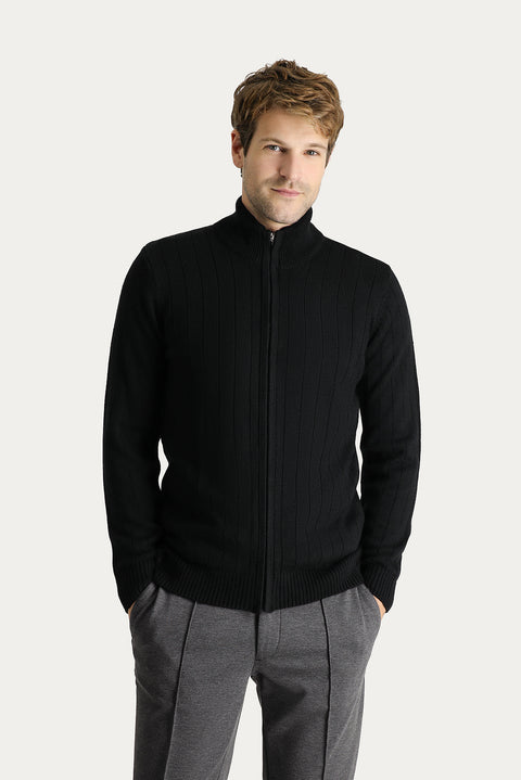 Black Stand-Up Collar Zip-Up Regular Fit Striped Knit Cardigan