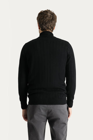  Siyah Dik Yaka Fermuarlı Regular Fit Çizgili Triko Hırka