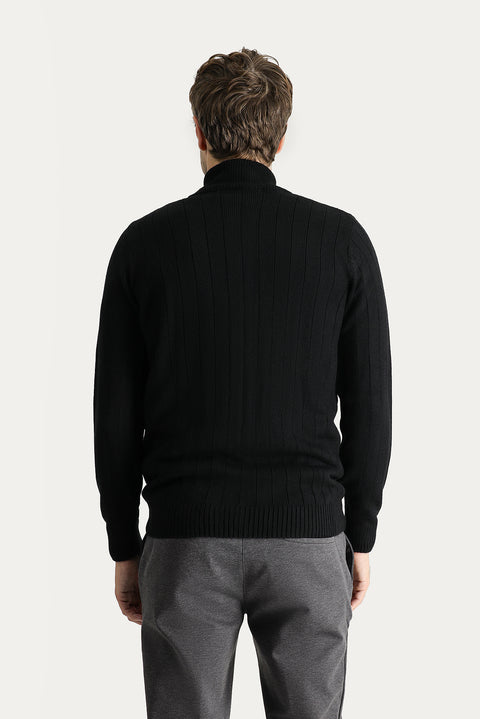 Black Stand-Up Collar Zip-Up Regular Fit Striped Knit Cardigan