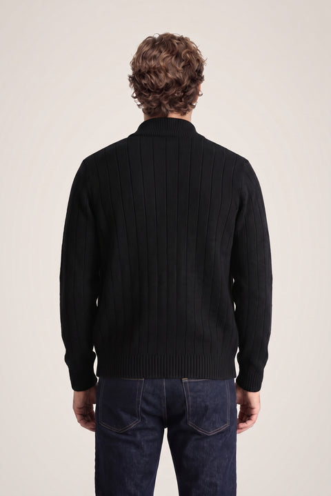 Black Stand-Up Collar Zip-Up Regular Fit Striped Knit Cardigan