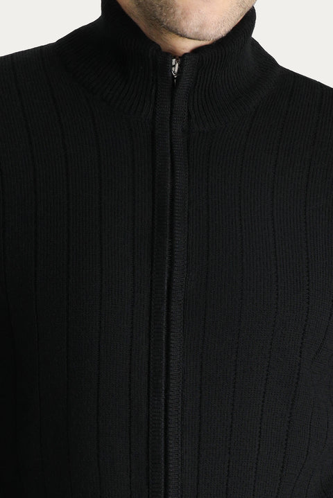 Black Stand-Up Collar Zip-Up Regular Fit Striped Knit Cardigan