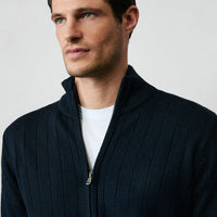 Koyu Lacivert Dik Yaka Fermuarlı Regular Fit Çizgili Triko Hırka