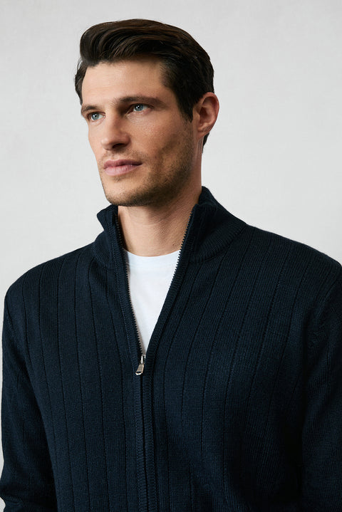 Koyu Lacivert Dik Yaka Fermuarlı Regular Fit Çizgili Triko Hırka