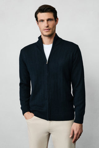  Koyu Lacivert Dik Yaka Fermuarlı Regular Fit Çizgili Triko Hırka