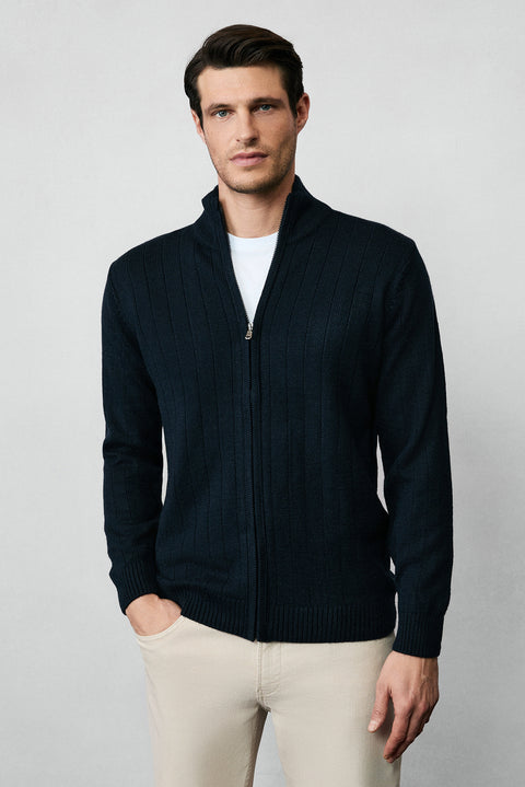 Koyu Lacivert Dik Yaka Fermuarlı Regular Fit Çizgili Triko Hırka