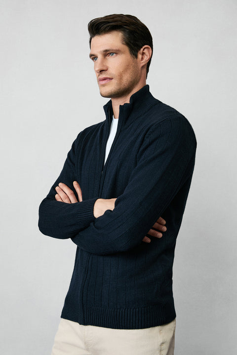 Dark Navy Stand-Up Collar Zip-Up Regular Fit Striped Knit Cardigan