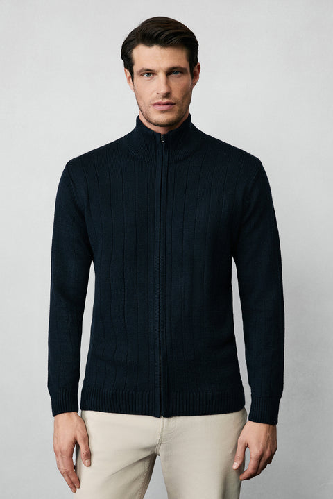 Dark Navy Stand-Up Collar Zip-Up Regular Fit Striped Knit Cardigan