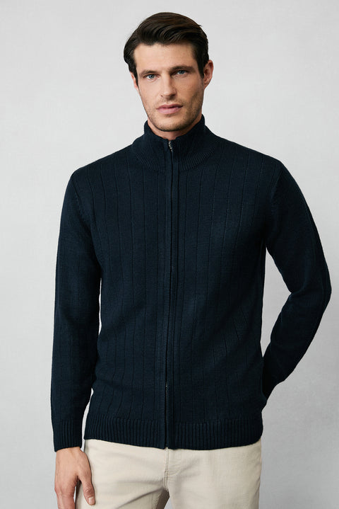 Koyu Lacivert Dik Yaka Fermuarlı Regular Fit Çizgili Triko Hırka