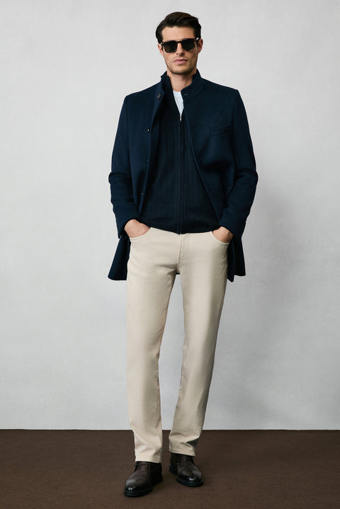 Koyu Lacivert Dik Yaka Fermuarlı Regular Fit Çizgili Triko Hırka