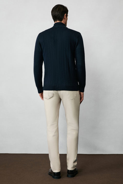 Koyu Lacivert Dik Yaka Fermuarlı Regular Fit Çizgili Triko Hırka