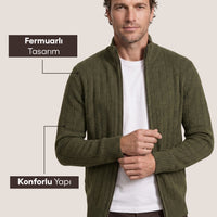 Orta Haki Dik Yaka Fermuarlı Regular Fit Çizgili Triko Hırka