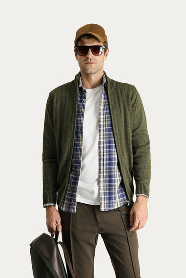  Orta Haki Fermuarlı Triko Hırka