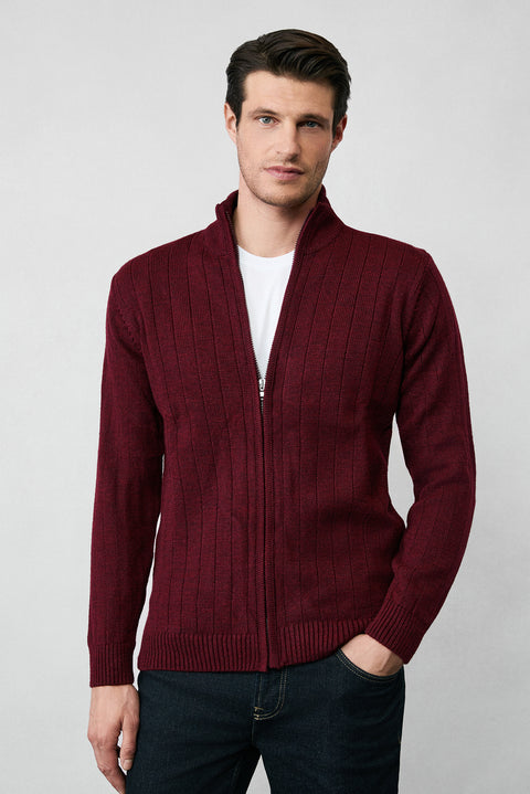 Koyu Bordo Dik Yaka Fermuarlı Regular Fit Çizgili Triko Hırka