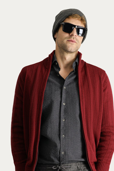  Koyu Bordo Fermuarlı Triko Hırka