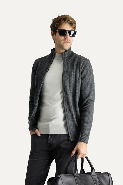 Koyu Antrasit Dik Yaka Fermuarlı Regular Fit Çizgili Triko Hırka