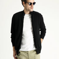 Black Zip-Up Cotton Knit Cardigan
