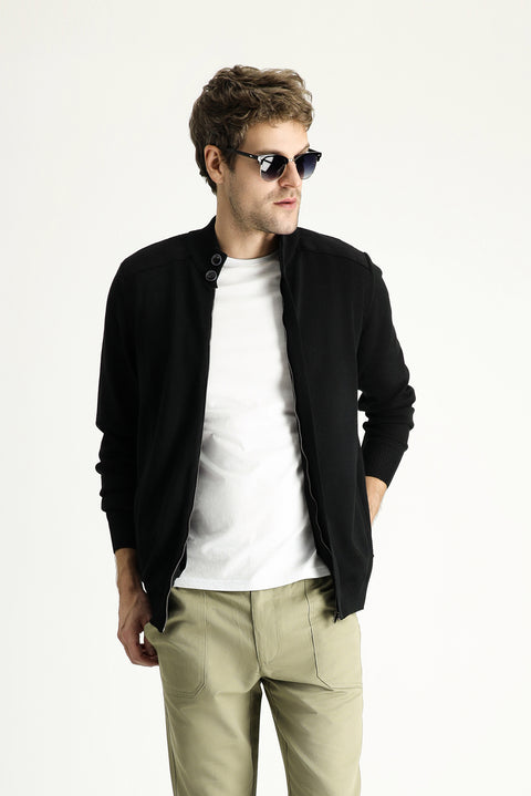 Black Zip-Up Cotton Knit Cardigan